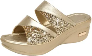 2025 Rhinestones Wedge Sandals for Women Peep Toe Sparkly Slip On Arch Support Orthopedic Open Non-Slip Slippers Low Heels Comfy Breathable Shoes for Daily Wear Outdoor Indoor