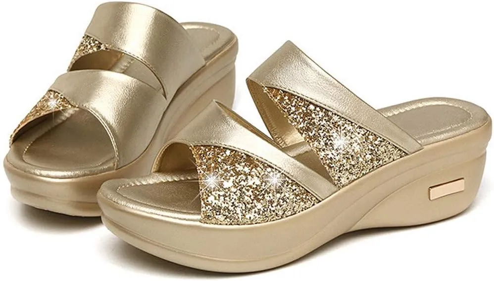 2025 Rhinestones Wedge Sandals for Women Peep Toe Sparkly Slip On Arch Support Orthopedic Open Non-Slip Slippers Low Heels Comfy Breathable Shoes for Daily Wear Outdoor Indoor
