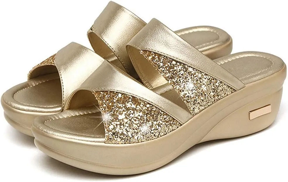 2025 Rhinestones Wedge Sandals for Women Peep Toe Sparkly Slip On Arch Support Orthopedic Open Non-Slip Slippers Low Heels Comfy Breathable Shoes for Daily Wear Outdoor Indoor