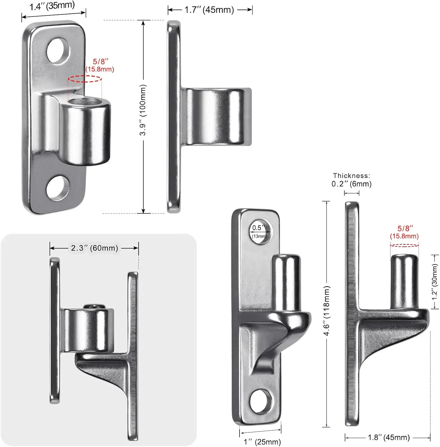 304 Stainless Steel Gate Hinges, One Piece with Non-Welding Gate Hinges Heavy Duty with 5/8'', 2Pack Wall Mount Gate Hinges for Farm Gates, Gate Hinges for Wooden Fences, Capacity up to 600lbs
