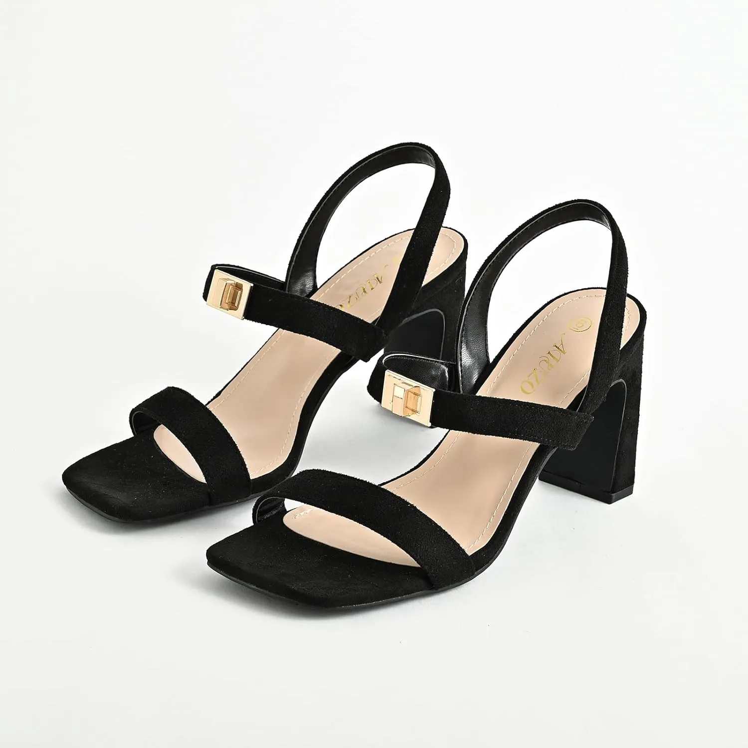 3IN Chunky Heels For Women Block Square Open Toe Heeled Sandals Metallic Buckle Pumps with Backless Strap