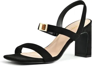 3IN Chunky Heels For Women Block Square Open Toe Heeled Sandals Metallic Buckle Pumps with Backless Strap
