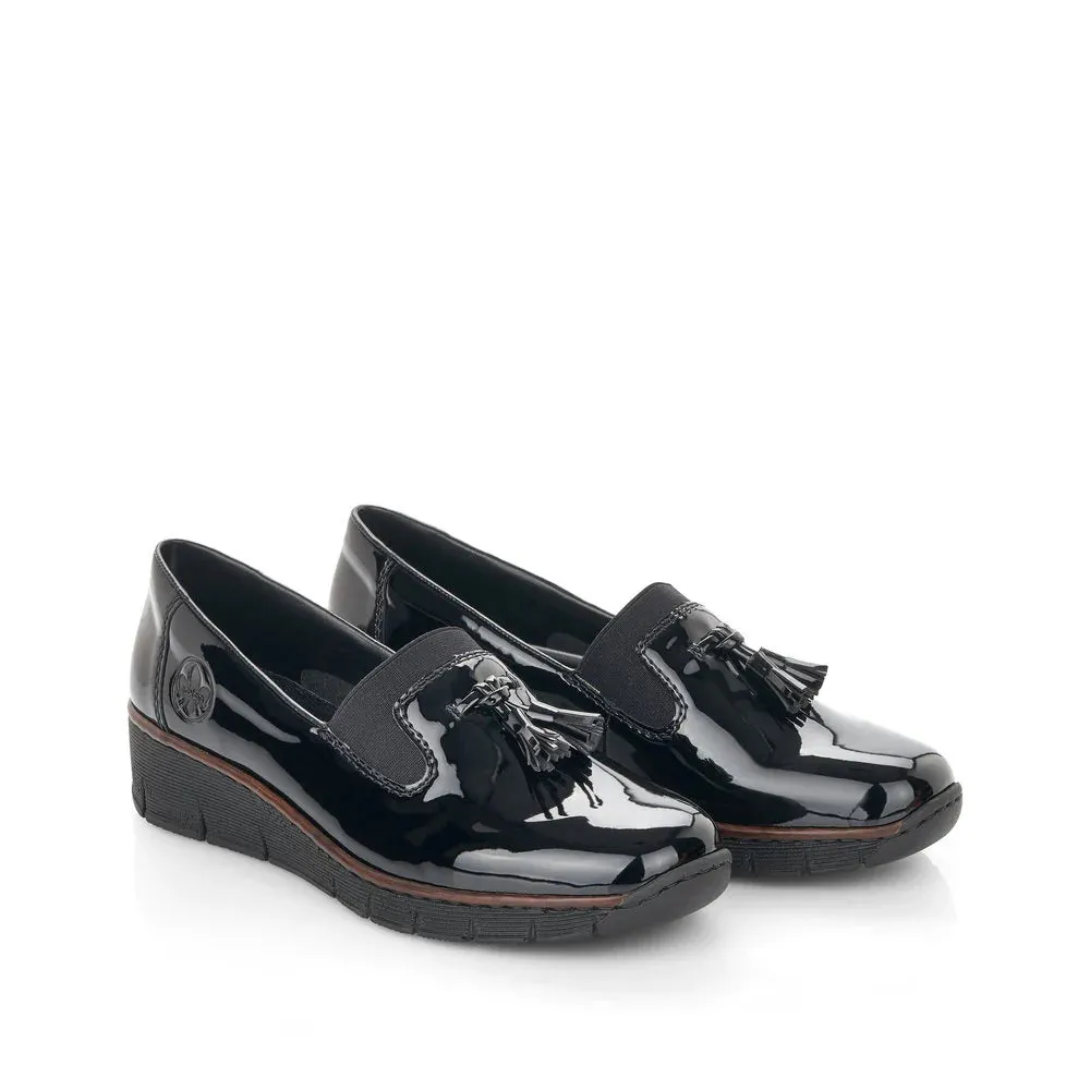 53751- Patent Low Wedge Loafer- Black- Rieker