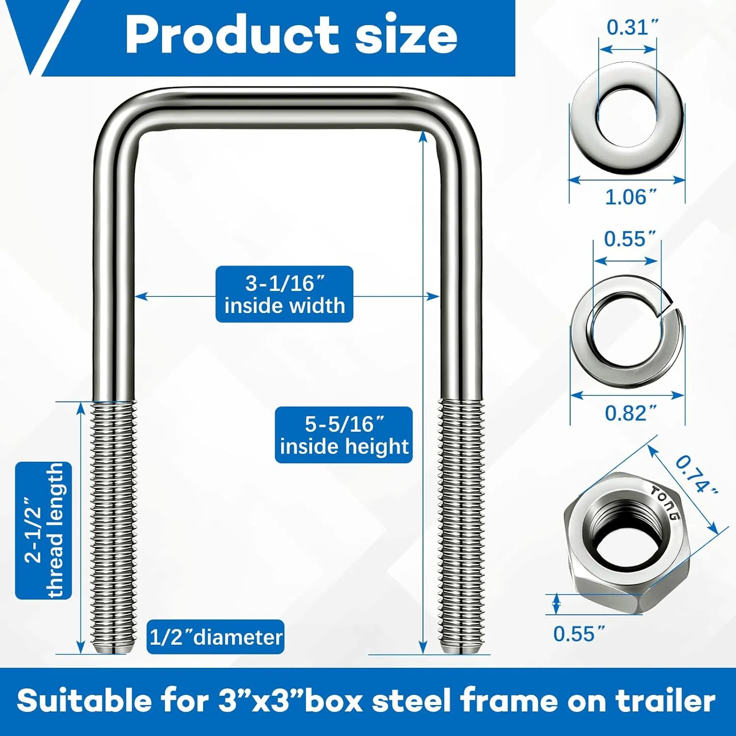 8 Pcs Hotop 304 Stainless Steel Square U-Bolt Boat Trailer U-Bolts with Washers and Nuts l Heavy Duty U Bolt for Sailboat Trailer Automobiles Industrial Part (1/2 D x 3 1/16 W x 5 5/16 Inch)