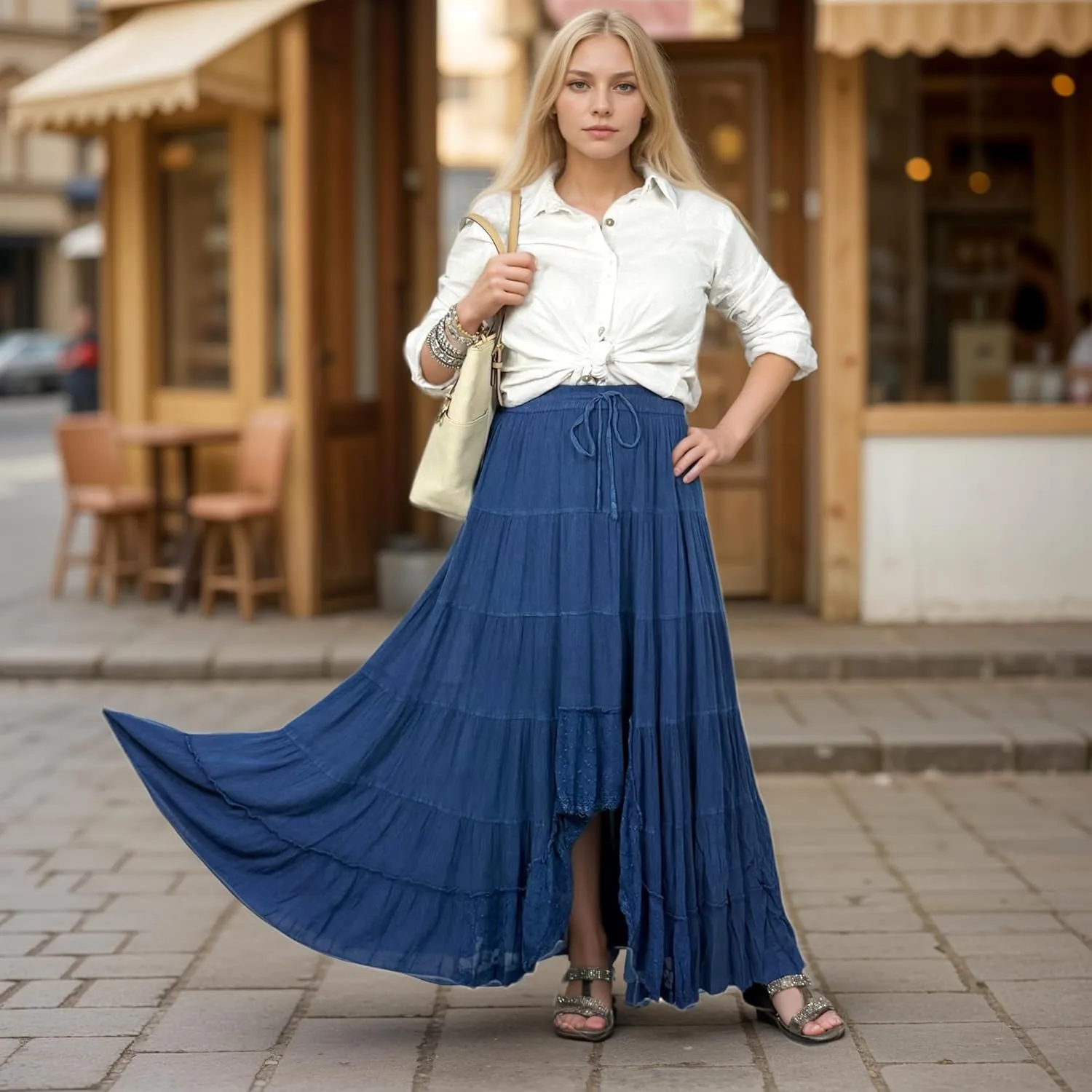 Agan Traders Women's 2025 Spring Peasant Tiered A Line Flared High Low Elastic Waistband Flowy Long Maxi Skirt
