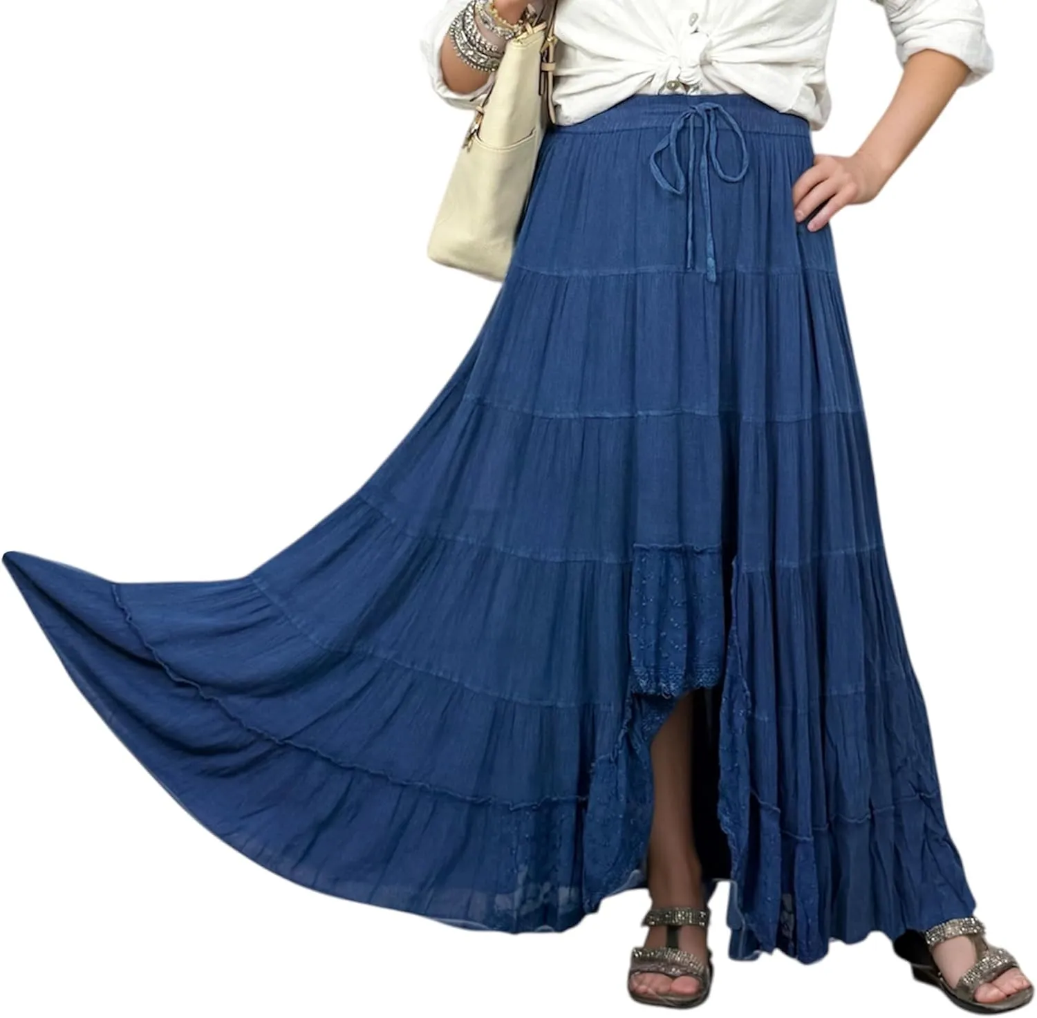 Agan Traders Women's 2025 Spring Peasant Tiered A Line Flared High Low Elastic Waistband Flowy Long Maxi Skirt