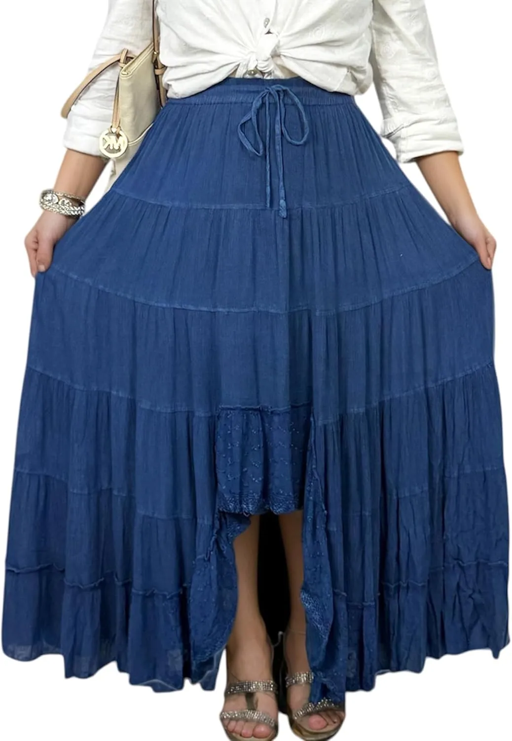 Agan Traders Women's 2025 Spring Peasant Tiered A Line Flared High Low Elastic Waistband Flowy Long Maxi Skirt
