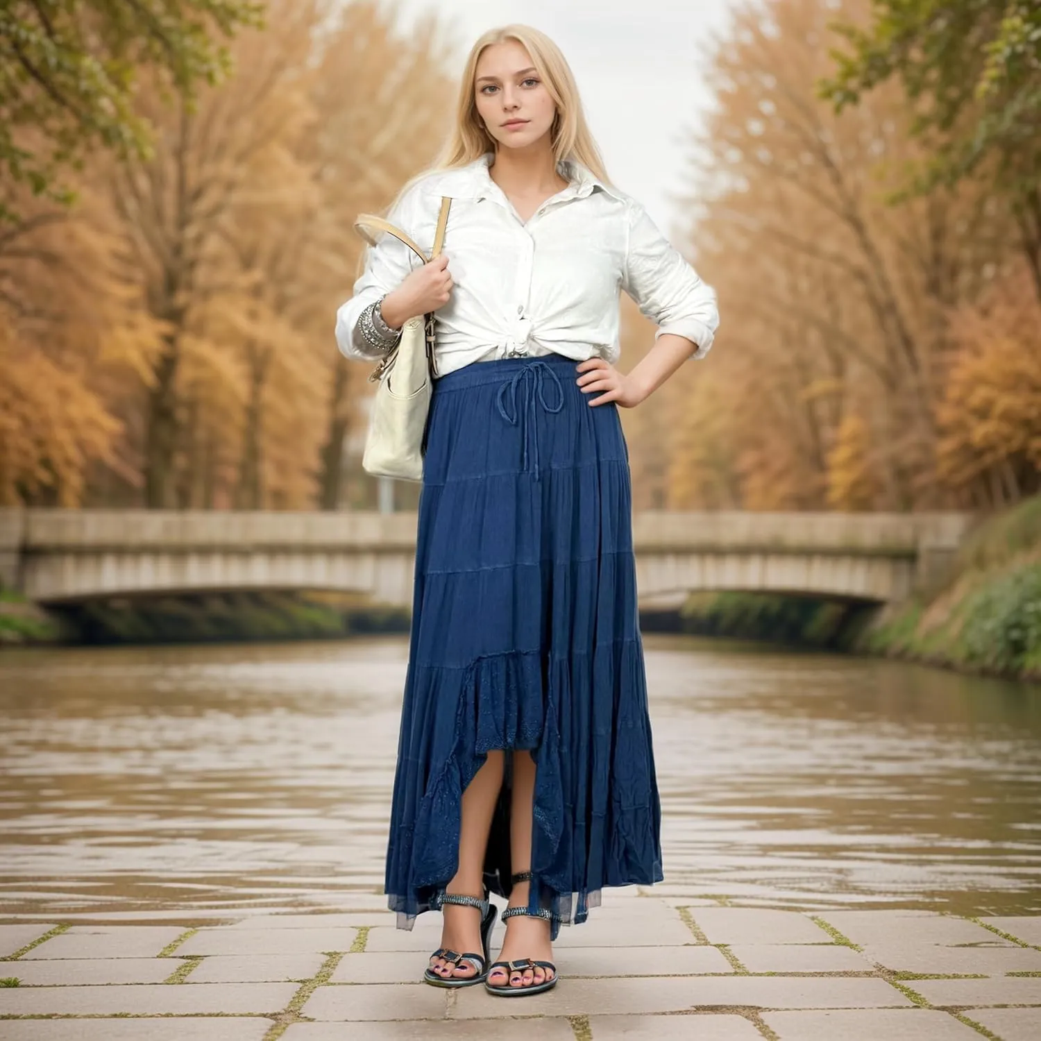 Agan Traders Women's 2025 Spring Peasant Tiered A Line Flared High Low Elastic Waistband Flowy Long Maxi Skirt