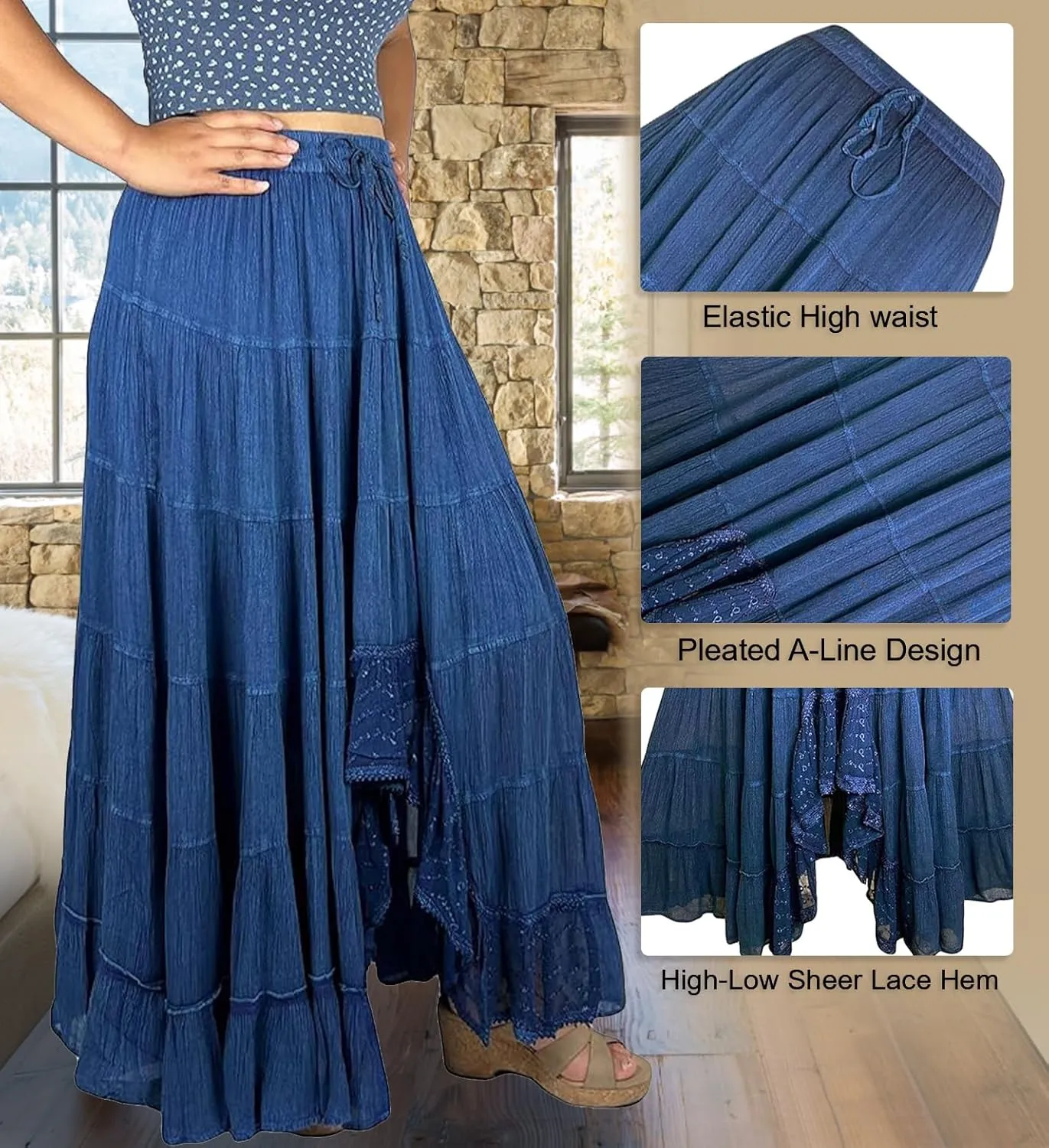 Agan Traders Women's 2025 Spring Peasant Tiered A Line Flared High Low Elastic Waistband Flowy Long Maxi Skirt