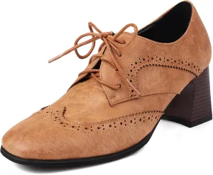 Agodor Qxford Heels Shoes for Women PU Leather Square Toe Oxfords Wingtip Lace up Mid Heel Pumps Shoes