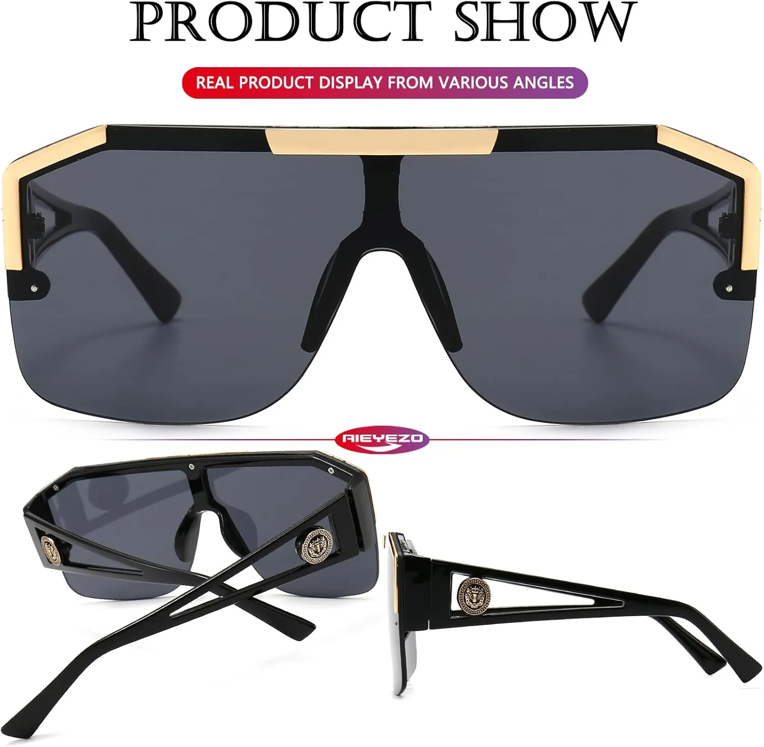 AIEYEZO Square Oversized Sunglasses Flat Top Shield Sun Glasses for Men Women One Lens Square Shades