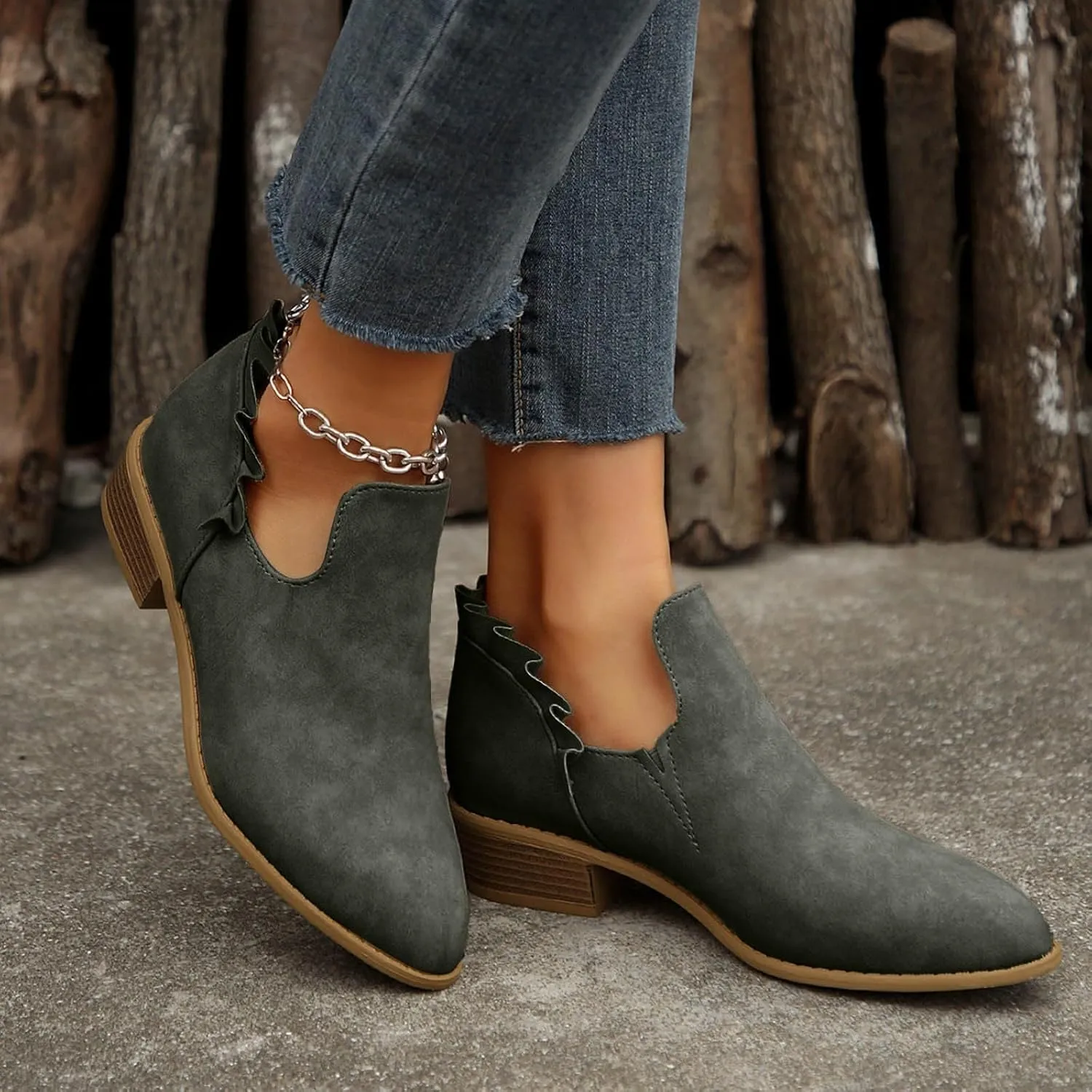 AMDBEL Booties for Women Dressy 2024 Ankle BootsLow Heel Short Boots V Cut Chelsea Boots Pointd Toe Fall Winter Dressy Shoes