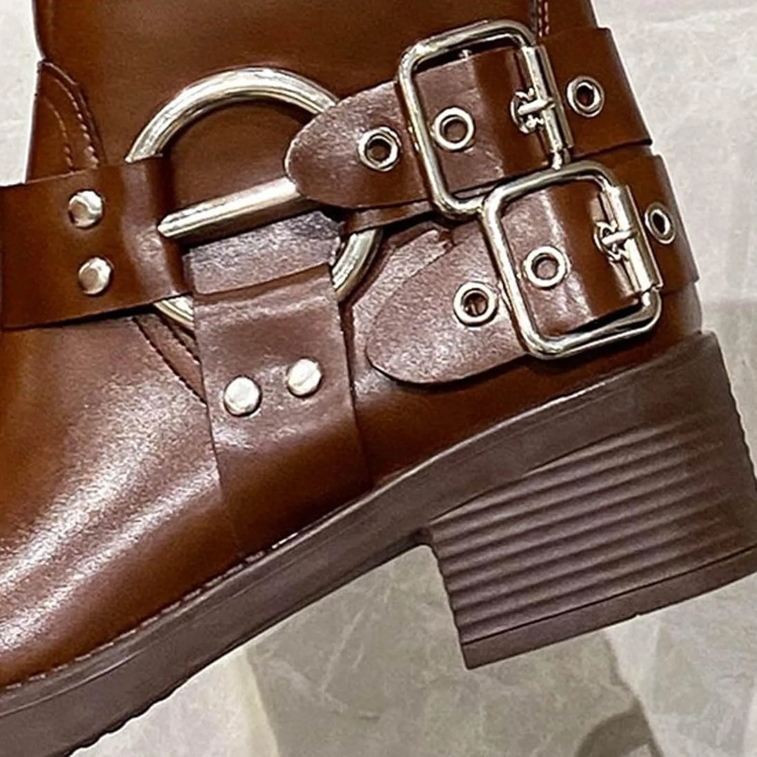 AMDBEL Mid Calf Boots for Women Low Heel Fall Boots for Women 2024 Slip On Motorcycle Leather Knee High Boots Winter Shoes