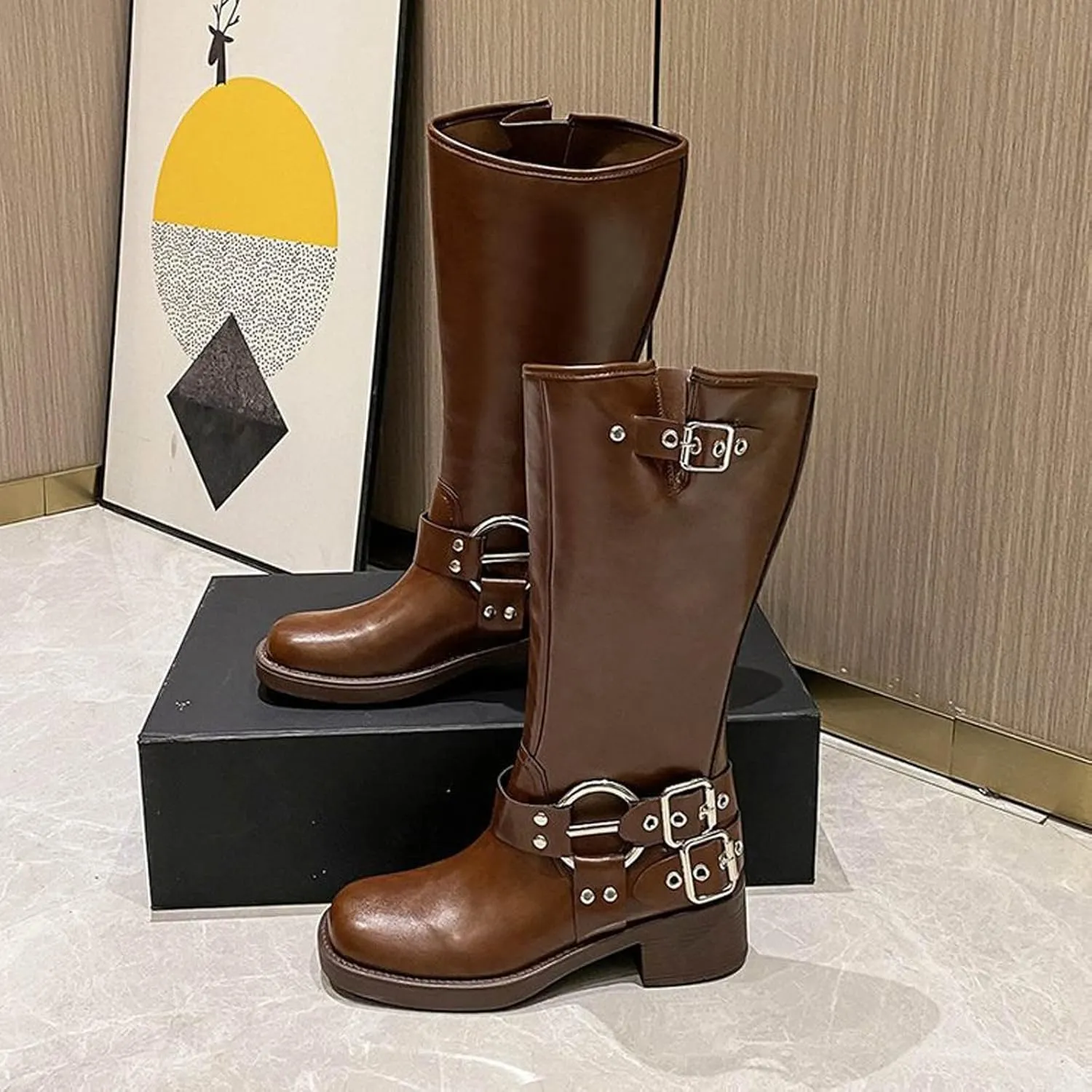 AMDBEL Mid Calf Boots for Women Low Heel Fall Boots for Women 2024 Slip On Motorcycle Leather Knee High Boots Winter Shoes