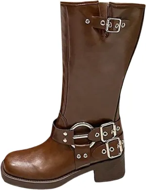 AMDBEL Mid Calf Boots for Women Low Heel Fall Boots for Women 2024 Slip On Motorcycle Leather Knee High Boots Winter Shoes