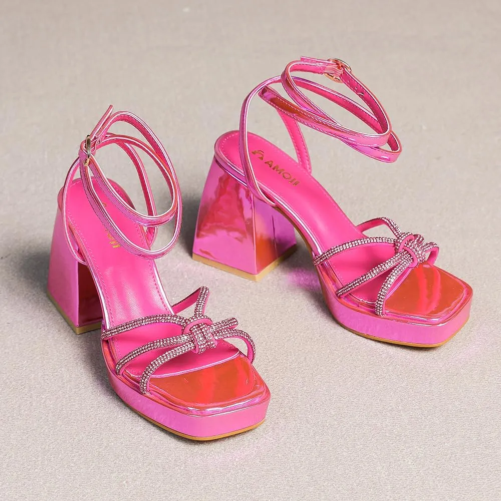Amoji Women's 4 Inch Rhinestone Block Platform Heeled Sandal Wedding Party 316