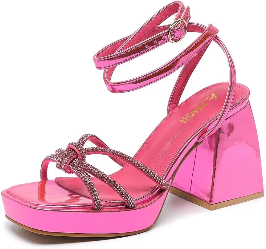 Amoji Women's 4 Inch Rhinestone Block Platform Heeled Sandal Wedding Party 316