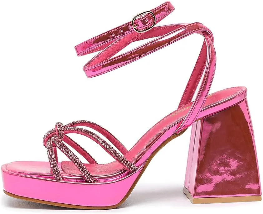 Amoji Women's 4 Inch Rhinestone Block Platform Heeled Sandal Wedding Party 316