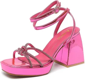 Amoji Women's 4 Inch Rhinestone Block Platform Heeled Sandal Wedding Party 316