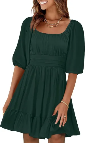 ANRABESS Women Summer Casual Short Lantern Sleeve Square Neck A-Line Flowy Boho Mini Dress 2025 Trendy Beach Travel Clothes