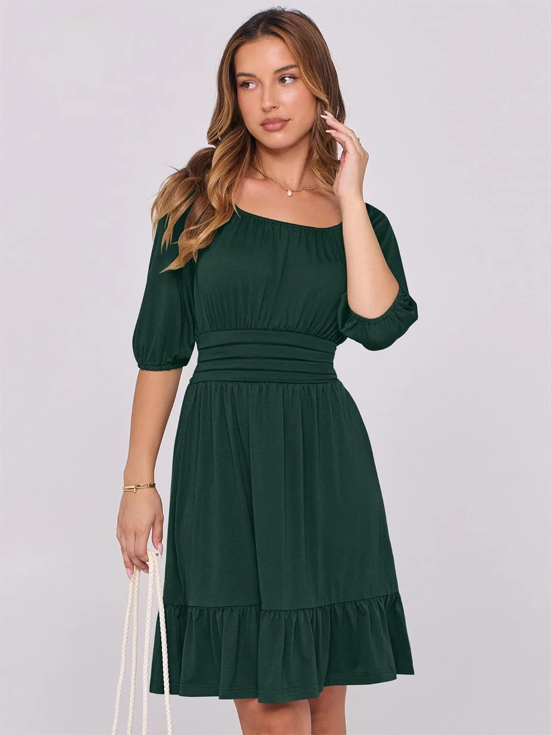 ANRABESS Women Summer Casual Short Lantern Sleeve Square Neck A-Line Flowy Boho Mini Dress 2025 Trendy Beach Travel Clothes
