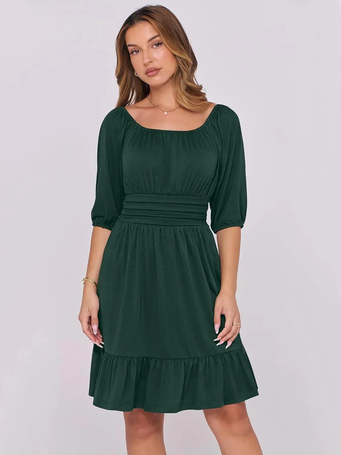 ANRABESS Women Summer Casual Short Lantern Sleeve Square Neck A-Line Flowy Boho Mini Dress 2025 Trendy Beach Travel Clothes