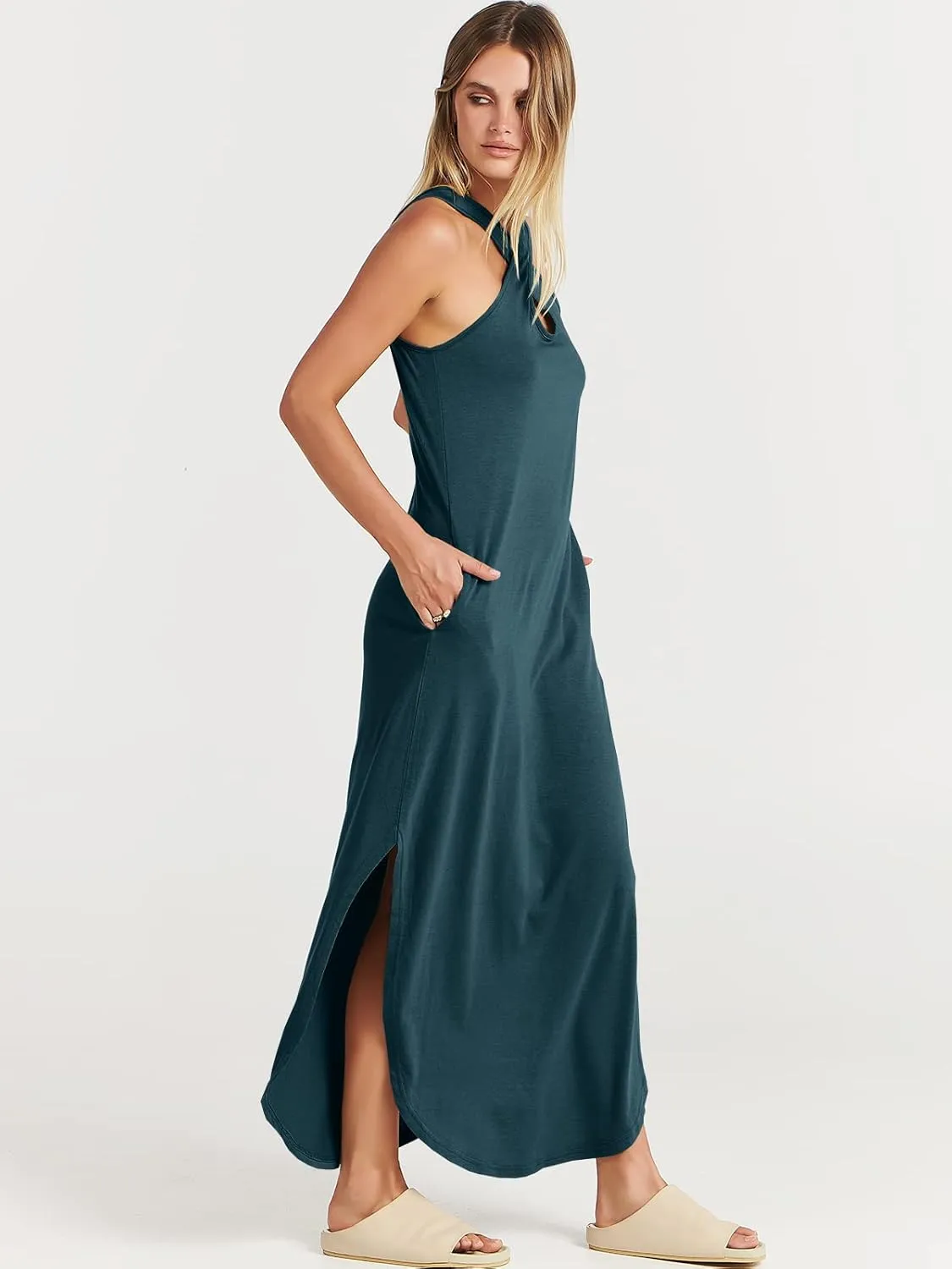 ANRABESS Women’s Casual Summer Maxi Dress Sexy Slit Side Sleeveless Loose Beach Long Sundress Vacation Outfits with Pockets