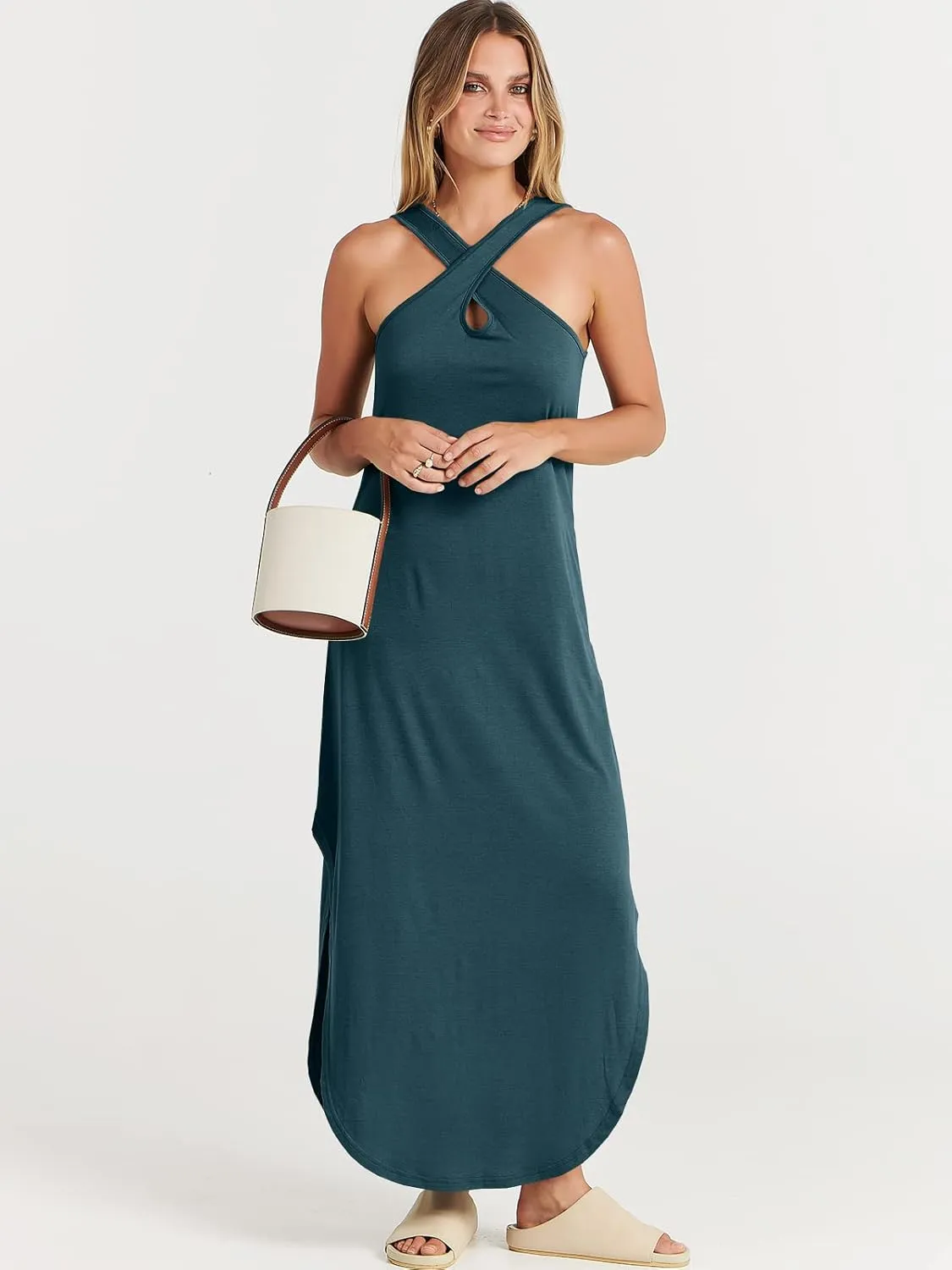 ANRABESS Women’s Casual Summer Maxi Dress Sexy Slit Side Sleeveless Loose Beach Long Sundress Vacation Outfits with Pockets