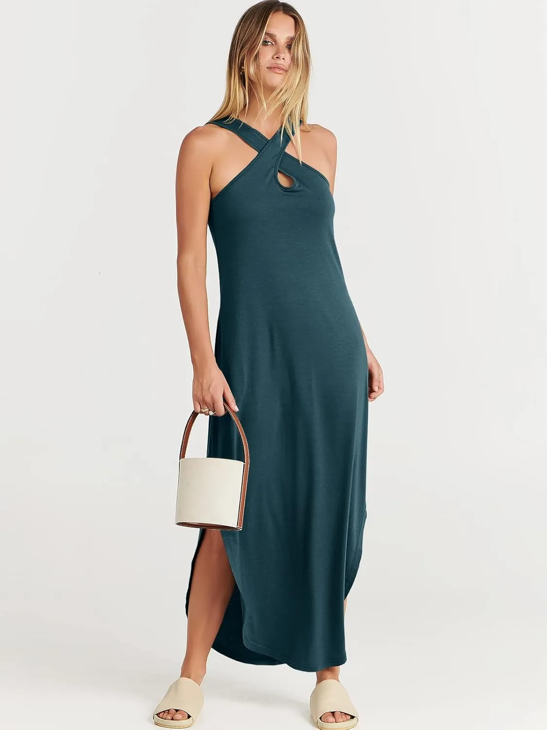 ANRABESS Women’s Casual Summer Maxi Dress Sexy Slit Side Sleeveless Loose Beach Long Sundress Vacation Outfits with Pockets