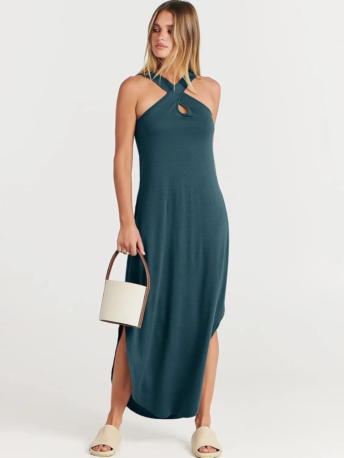 ANRABESS Women’s Casual Summer Maxi Dress Sexy Slit Side Sleeveless Loose Beach Long Sundress Vacation Outfits with Pockets