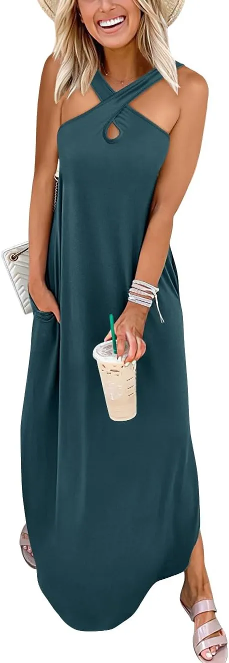 ANRABESS Women’s Casual Summer Maxi Dress Sexy Slit Side Sleeveless Loose Beach Long Sundress Vacation Outfits with Pockets