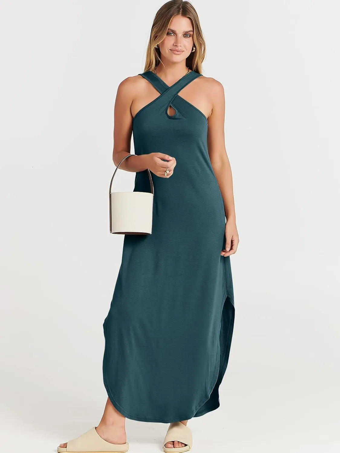 ANRABESS Women’s Casual Summer Maxi Dress Sexy Slit Side Sleeveless Loose Beach Long Sundress Vacation Outfits with Pockets