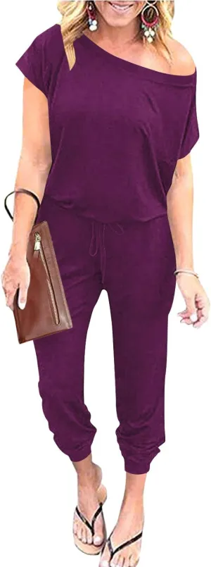 ANRABESS Women's Loose Summer Casual Off Shoulder Elastic Waist Stretchy Long Romper Jumpsuit