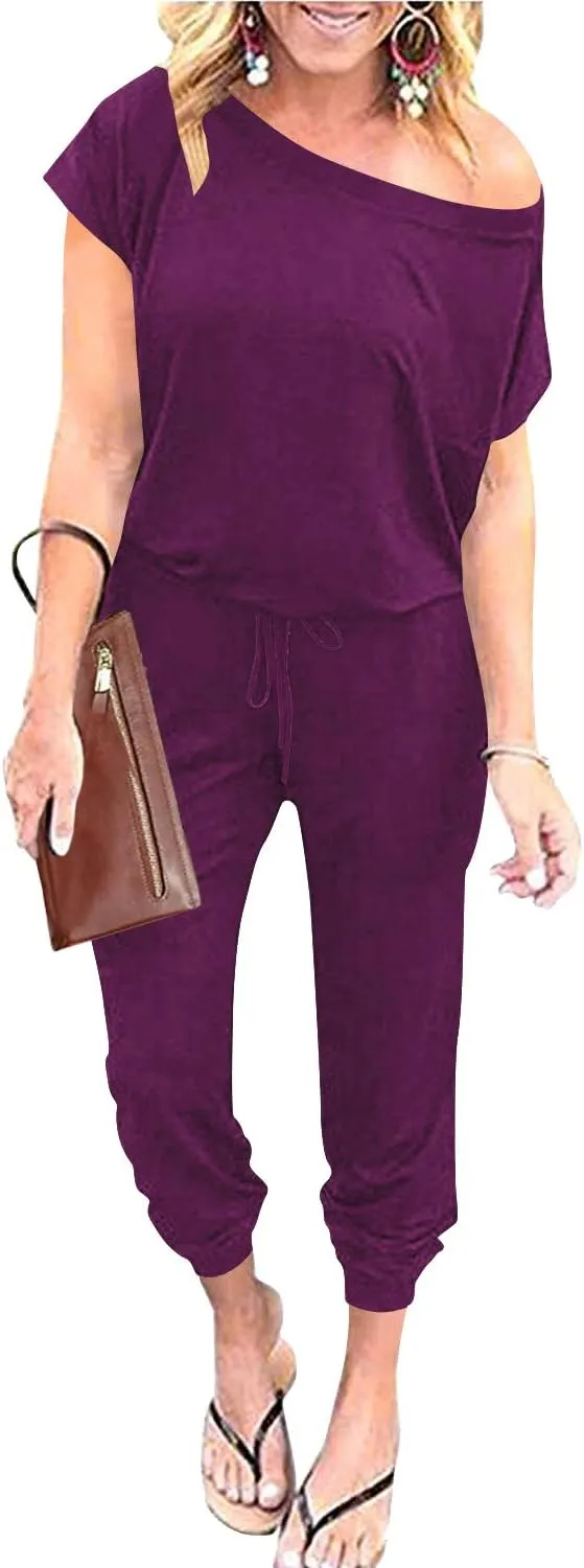 ANRABESS Women's Loose Summer Casual Off Shoulder Elastic Waist Stretchy Long Romper Jumpsuit