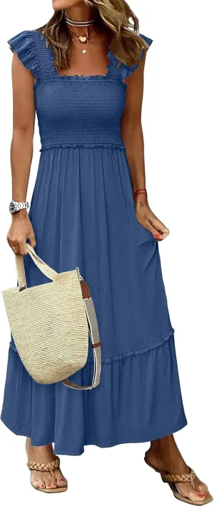 ANRABESS Womens Summer Sleeveless Maxi Dress Square Neck Smocked Boho Casual Ruffle Strap Flowy A-Line Long Beach Sundress