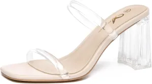 Athlefit Women's Square Open Toe Two Strap Heeled Sandals Slip On Block Chunky Heels Sandals