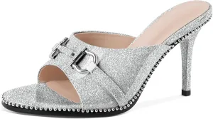 AUMOTED Peep Open Toe Sandals Women Stiletto High Heels Beaded Sandals Slip On Wedding Office Cute Basic Classic 3.1 Inches Summer Heels