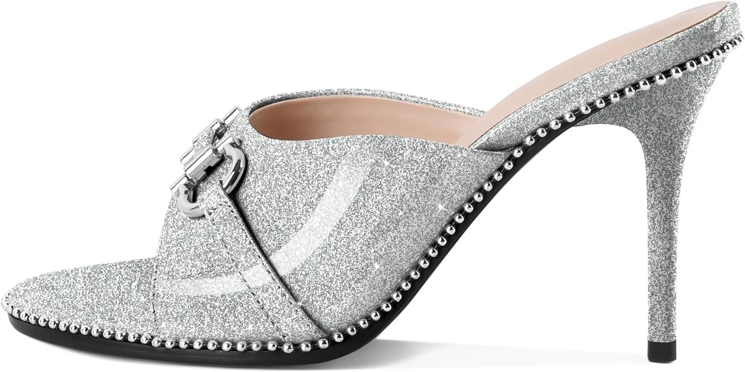 AUMOTED Peep Open Toe Sandals Women Stiletto High Heels Beaded Sandals Slip On Wedding Office Cute Basic Classic 3.1 Inches Summer Heels