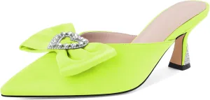 AUMOTED Women Kitten Heel Mules Rhinestone Bow Sandals Pointed Toe Heeled Mule Slip On Low Heels Slipper Glitter Mesh Wedding Bridal Shoes 2.5 Inch