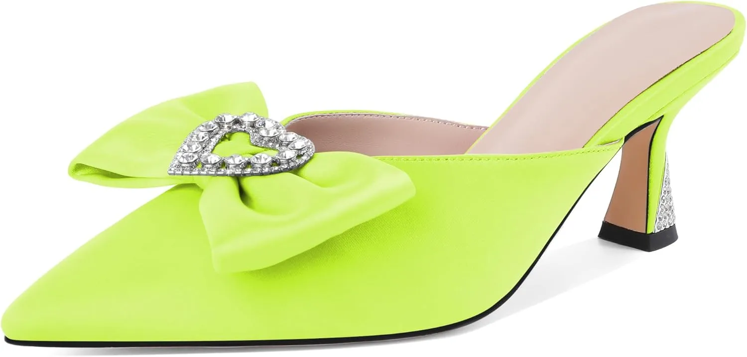 AUMOTED Women Kitten Heel Mules Rhinestone Bow Sandals Pointed Toe Heeled Mule Slip On Low Heels Slipper Glitter Mesh Wedding Bridal Shoes 2.5 Inch