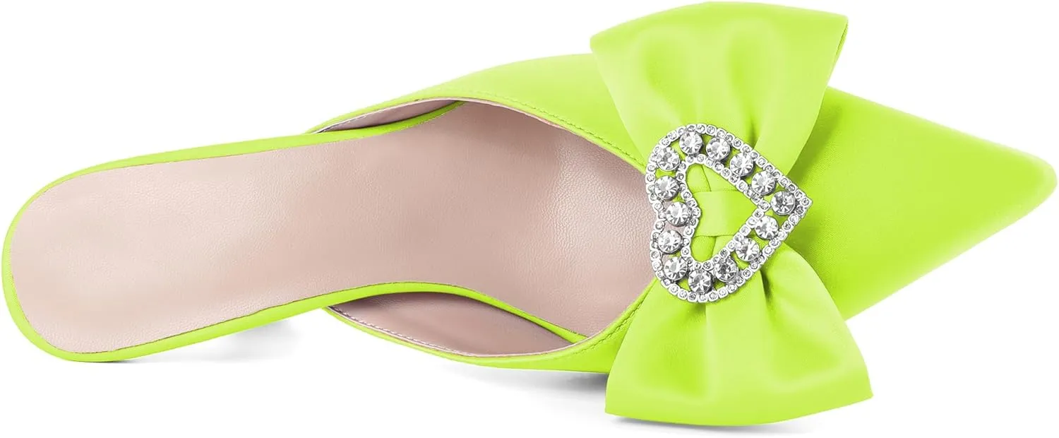 AUMOTED Women Kitten Heel Mules Rhinestone Bow Sandals Pointed Toe Heeled Mule Slip On Low Heels Slipper Glitter Mesh Wedding Bridal Shoes 2.5 Inch