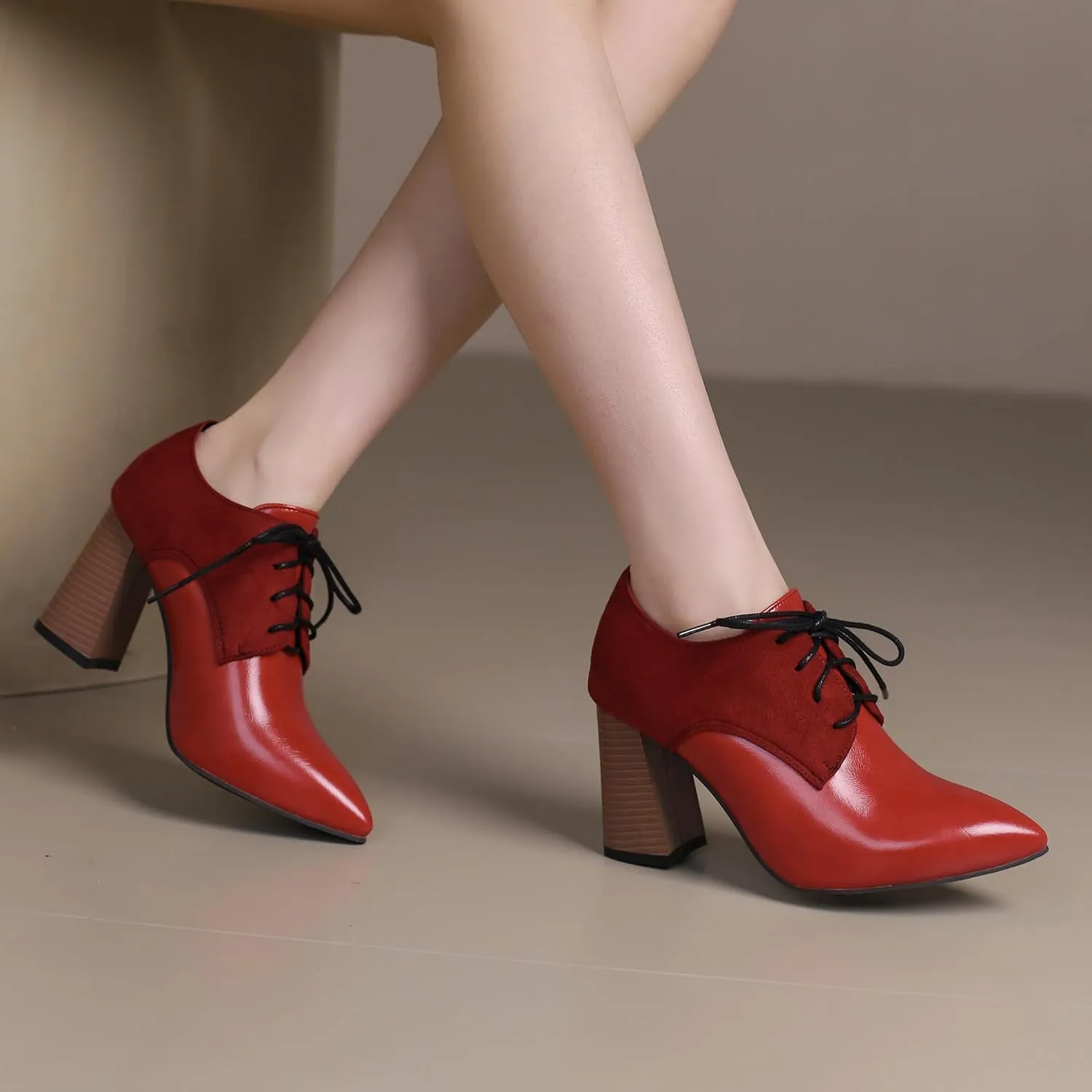 BEAUPAS Women's Lace Up Heeled Oxford Pointed Toe Chunky High Heels Pumps Block Heel Closed Toe Vintage Dress Shoes