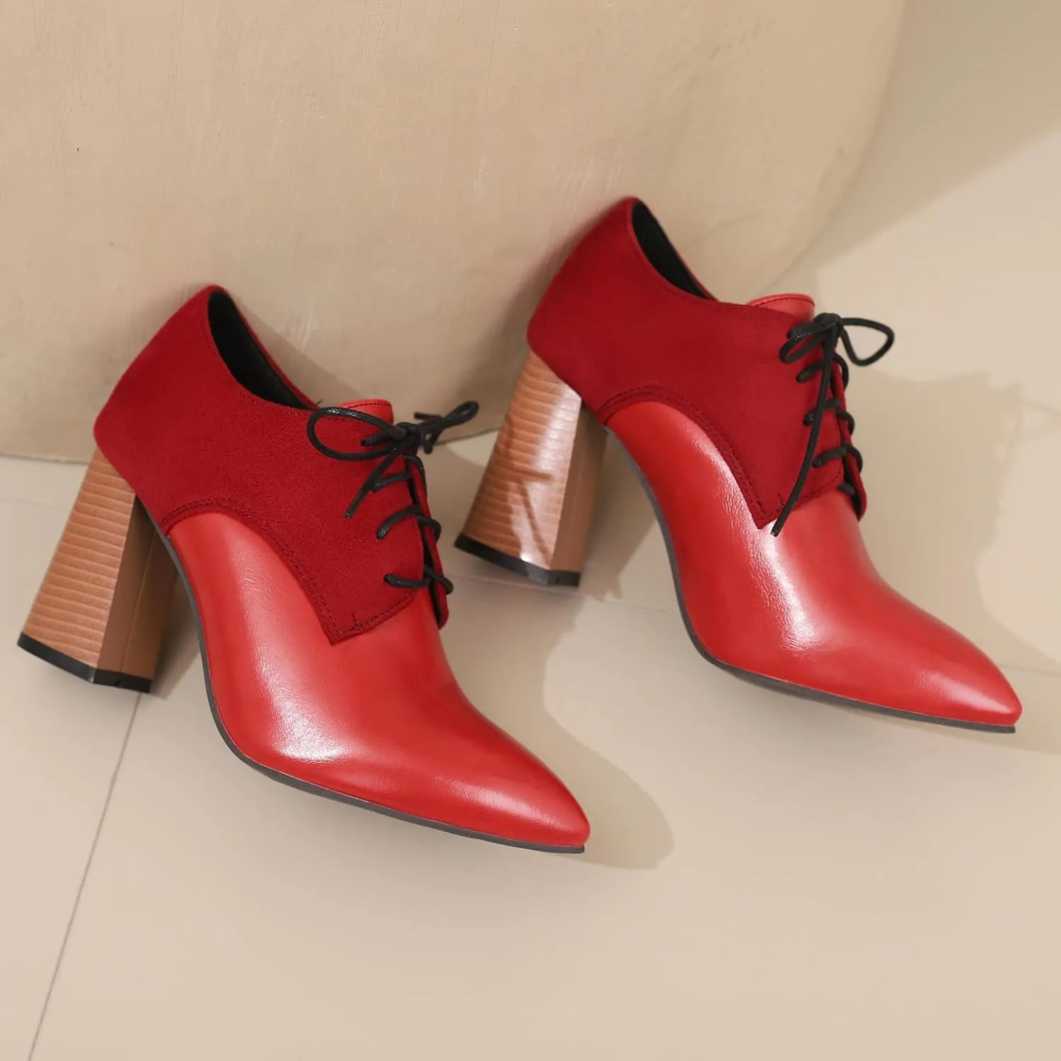 BEAUPAS Women's Lace Up Heeled Oxford Pointed Toe Chunky High Heels Pumps Block Heel Closed Toe Vintage Dress Shoes