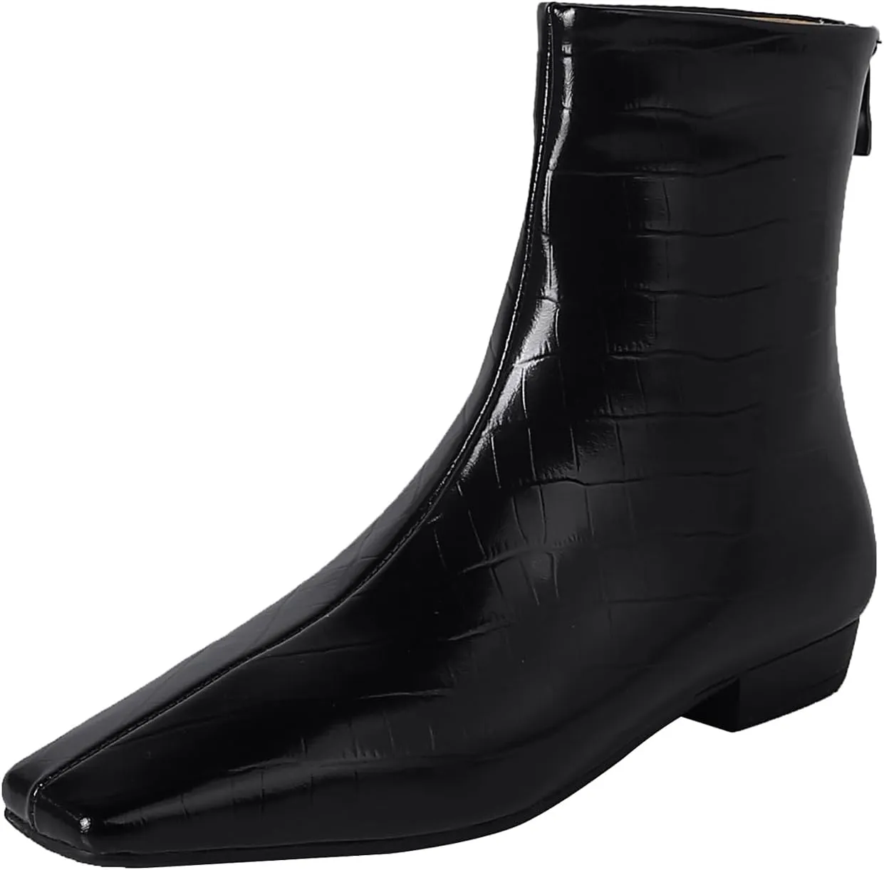 Beauty Cry Black Women's Ankle Boots Flat Low No Heel Booties Square Toe Crocodile Leather Fall Winter Fashion Comfortable Side Zipper Dressy Casual Block Chunky Heel Boots