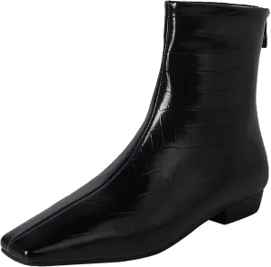 Beauty Cry Black Women's Ankle Boots Flat Low No Heel Booties Square Toe Crocodile Leather Fall Winter Fashion Comfortable Side Zipper Dressy Casual Block Chunky Heel Boots