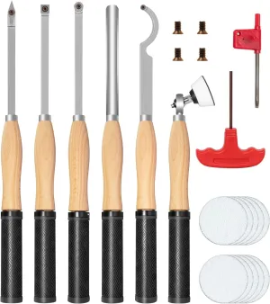 Carbide Tipped Wood Lathe Turning Tools Set with Bowl sander, Lathe Rougher And Finisher Swan Neck Hollowing Tools With 4pcs Carbide Inserts for woodturning（6pcs)