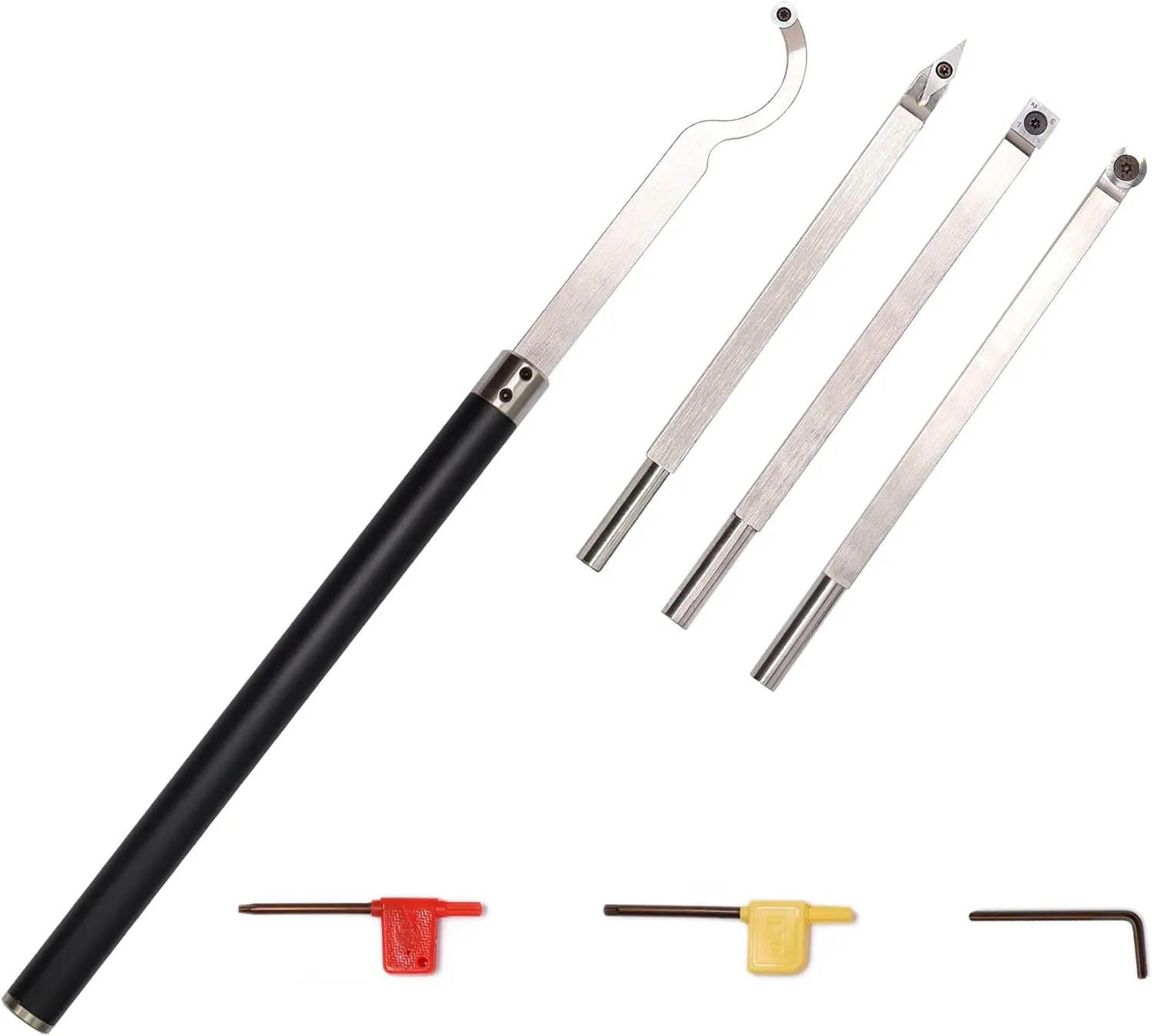 Carbide Tipped Wood Turning tools set Lathe Rougher Finisher Detailer Swan Neck Hollower Tools and Interchangeable Aluminum Alloy Grip Handle with Diamond Round Square Carbide Inserts AT04