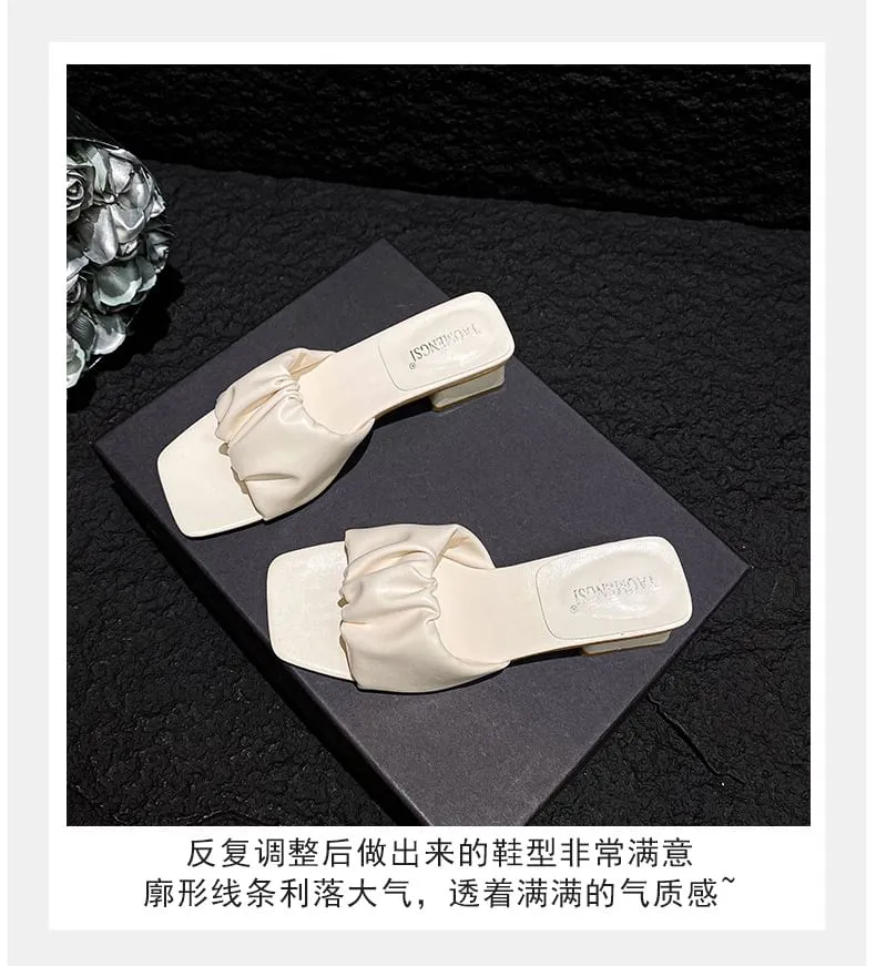 Chunky Heel Square Toe Plain Ruched Faux Leather Sandals
