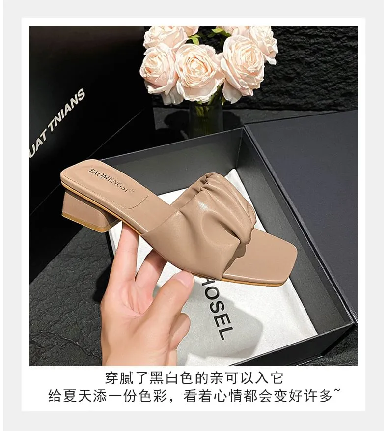 Chunky Heel Square Toe Plain Ruched Faux Leather Sandals