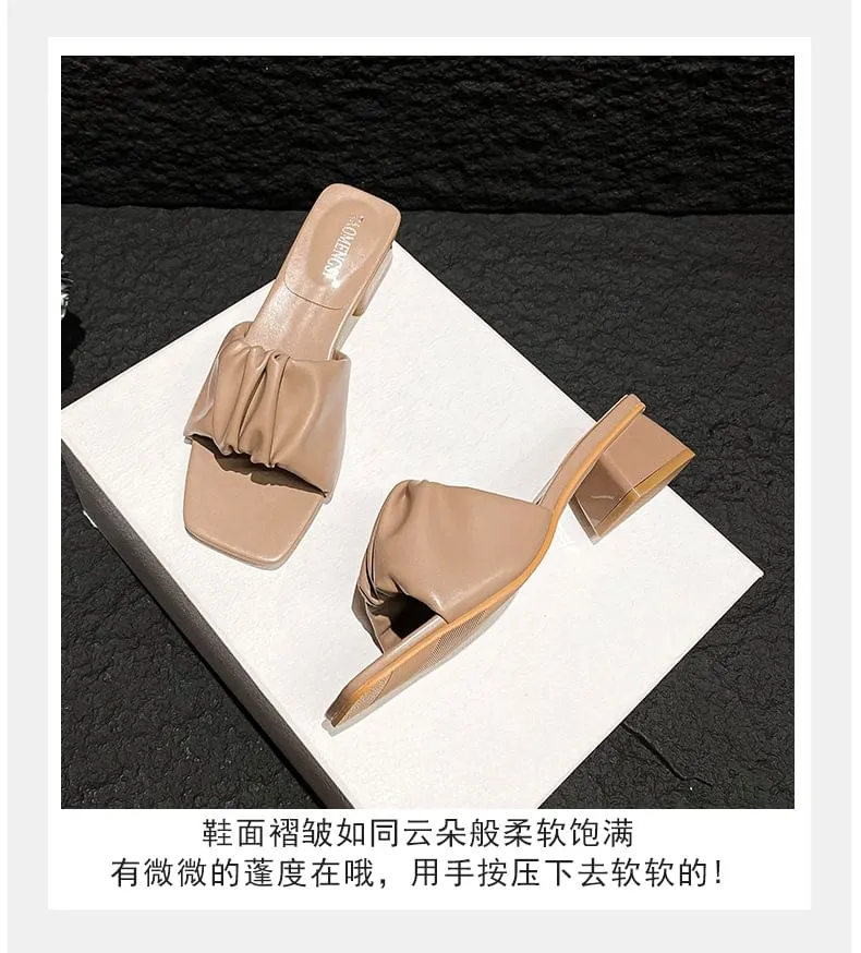 Chunky Heel Square Toe Plain Ruched Faux Leather Sandals